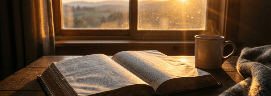 An open book and steaming mug on a table by a window at sunrise.