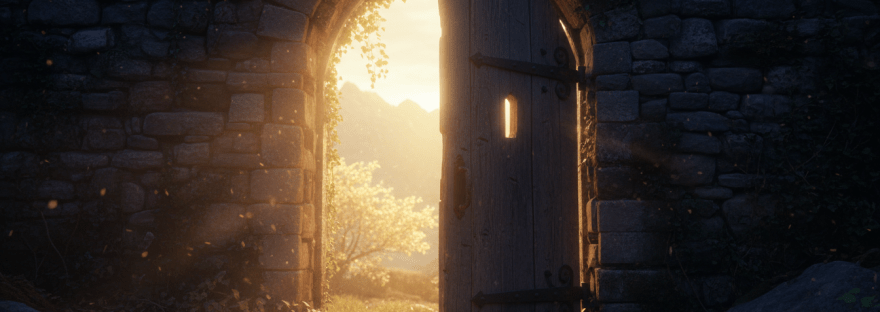 A rustic wooden door in a stone wall opens to a bright, golden landscape.