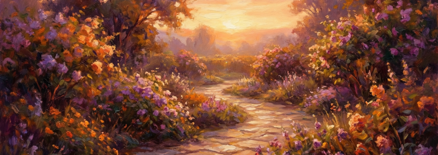 Impressionist painting of a stone path winding through a lush garden at sunset.